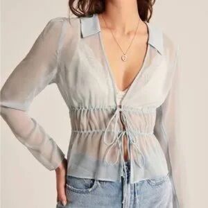 NWT Abercrombie Sheer Collared Long Sleeve Top in light blue